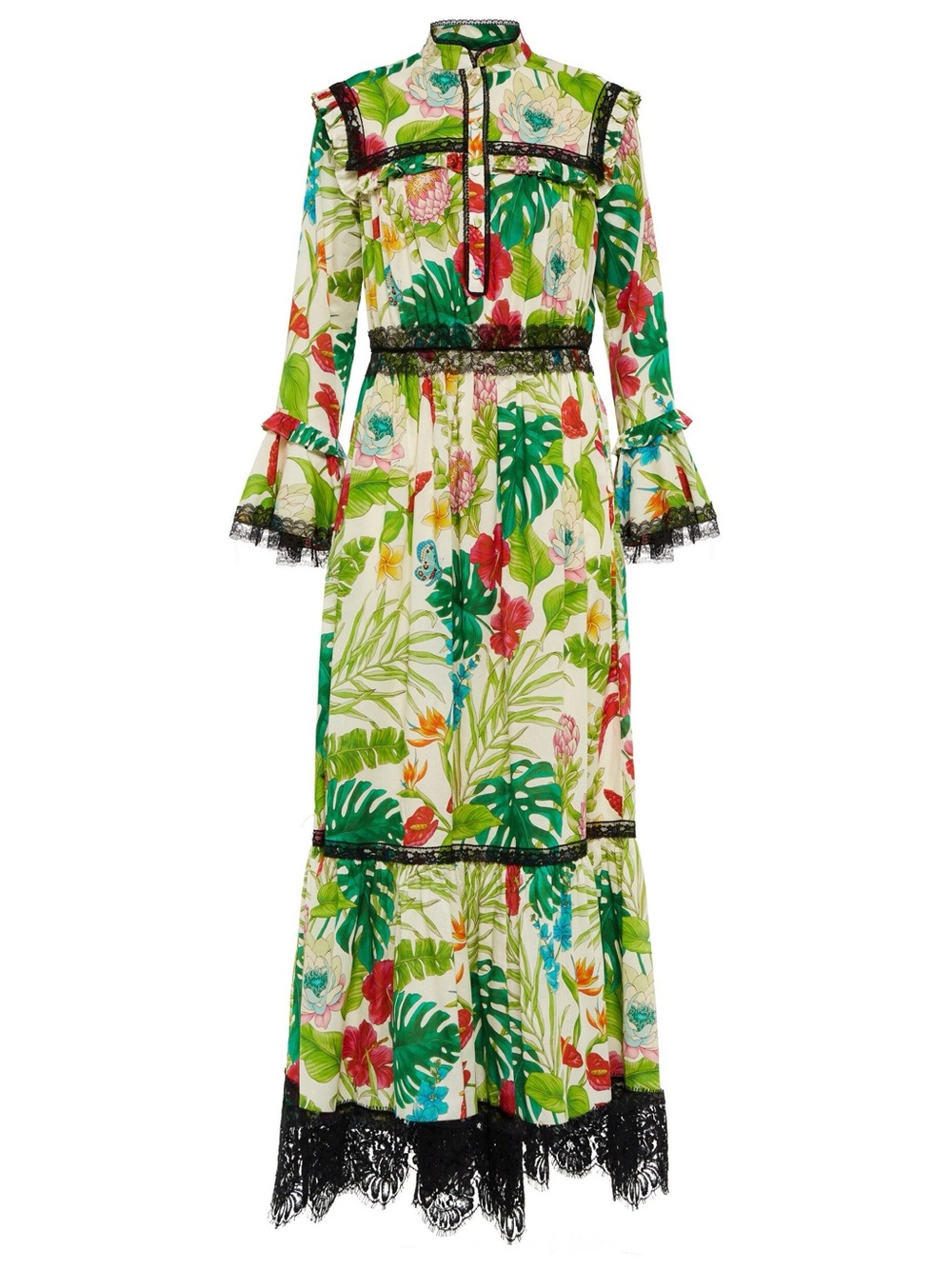 Gucci Green Multi Floral Maxi Dress with Black Lace